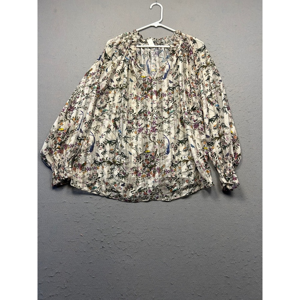 H&M Blouse Pleated Chiffon Bird Floral Print Ivory Size US 14 EU 46 Womens